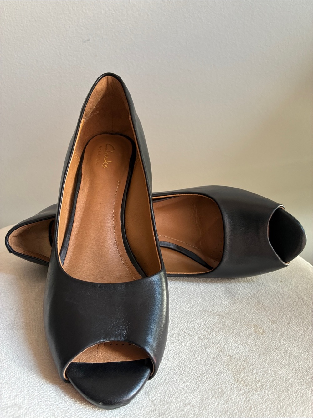 Clarks Women’s Black Leather Peep-Toe Heels